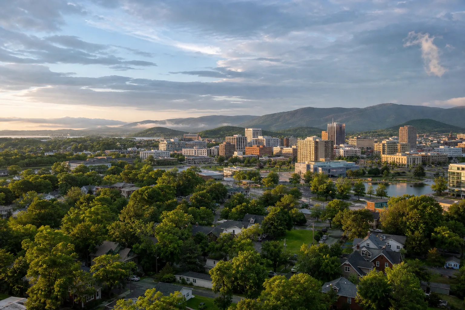 Editorial illustration of Huntsville neighborhoods, downtown, and foothills in morning light